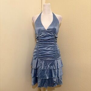 Vitg Y2K Pastel Blue Glitter Ruched Halter Mini Dress Ruffle Tiered Fairy Glam